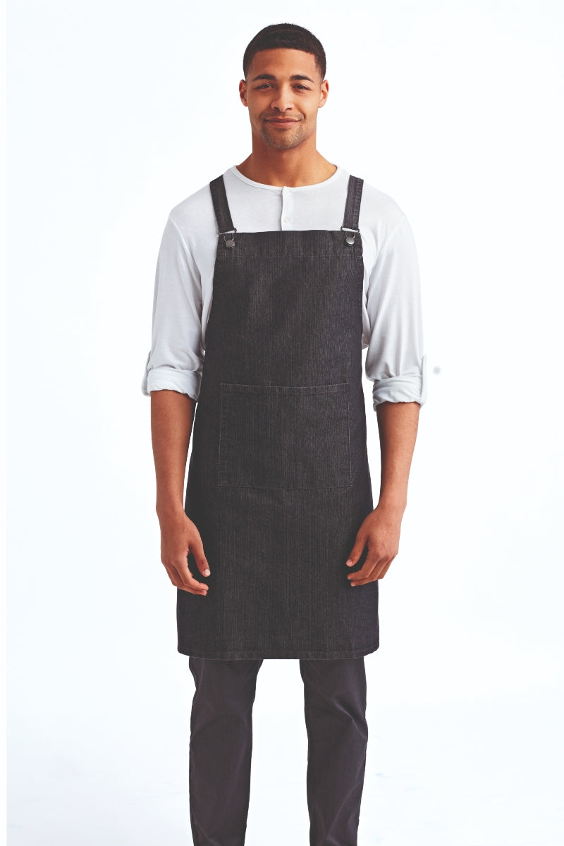 Black Denim Cross Back 'Barista' Bib Adjustable Apron (1 Pocket w/ Pen Slot)