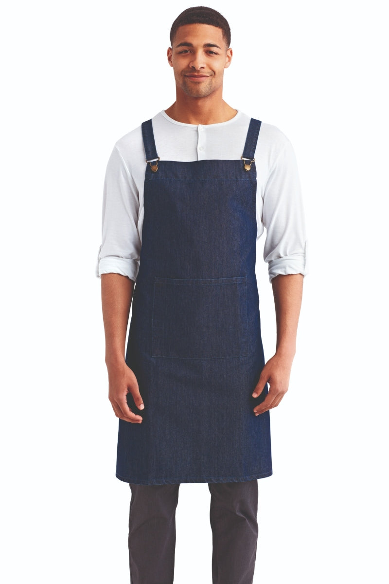 Indigo Denim Cross Back 'Barista' Bib Adjustable Apron (1 Pocket w/ Pen Slot)