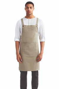 Khaki Cross Back 'Barista' Bib Adjustable Apron (1 Pocket w/ Pen Slot)