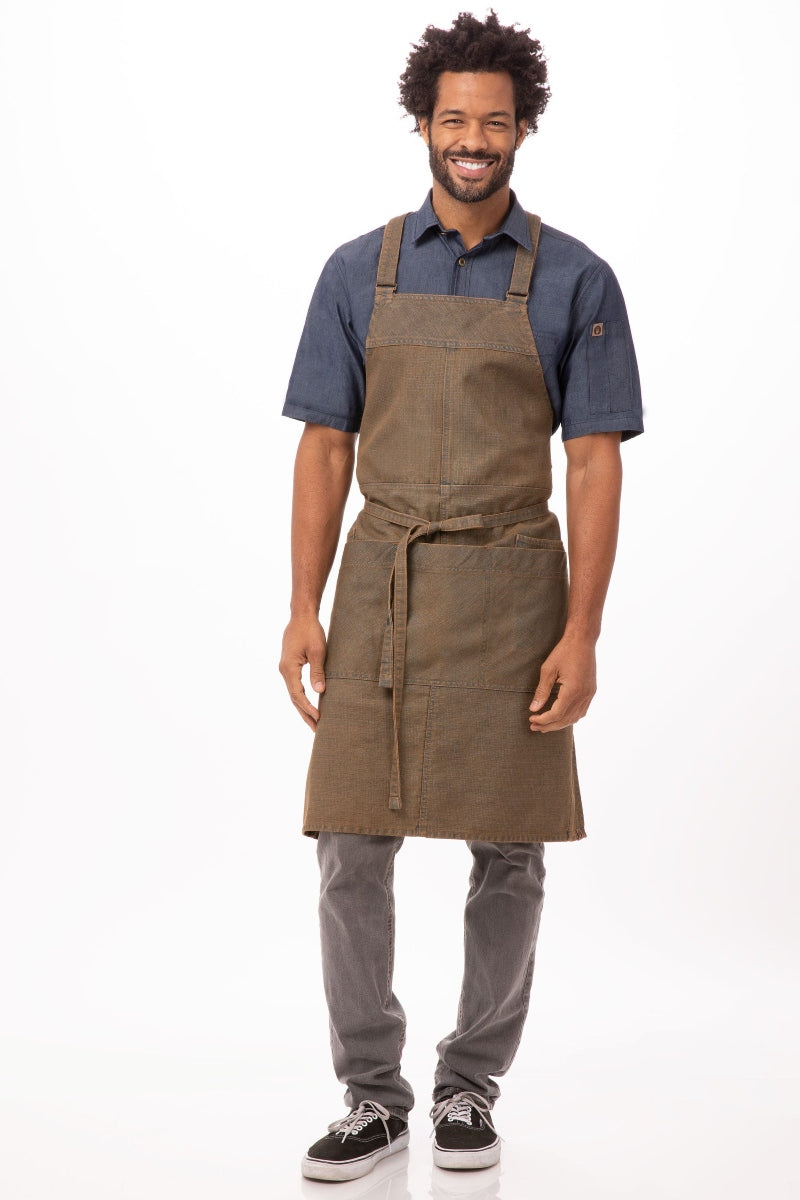 Uptown Cross-Back Blue-Taupe Bib Apron