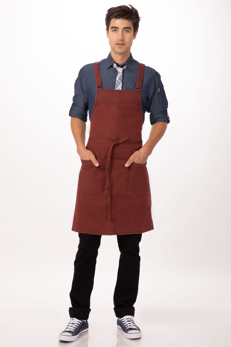 Uptown Cross-Back Red-Navy Bib Apron